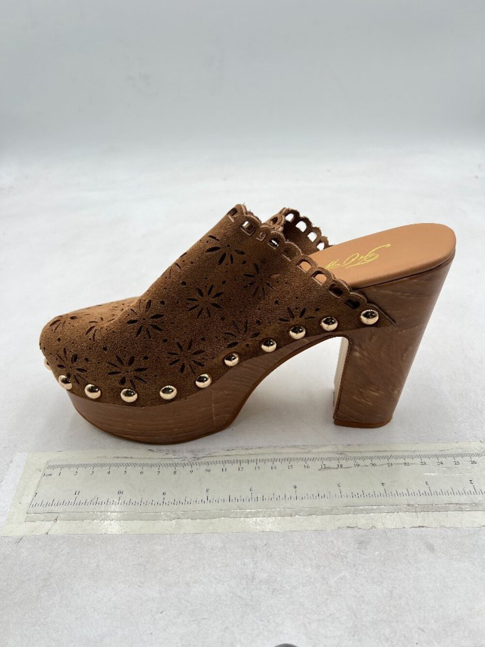 FOWT Tan Studded Closed Toe Floral Cut Out Platform Chunky Super High Heel Mules - Picture 2 of 8